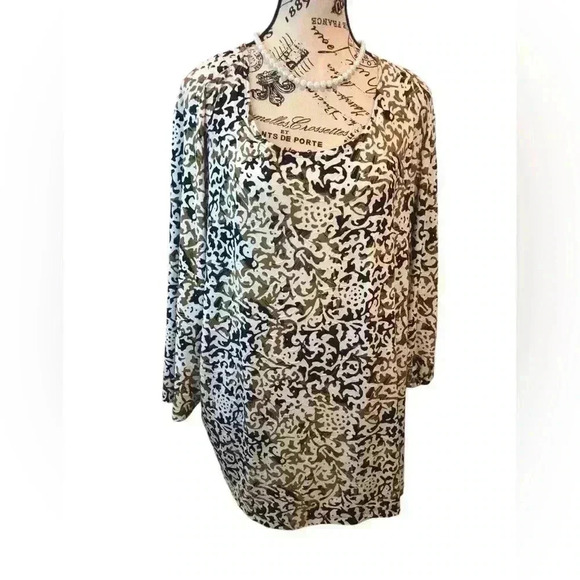 JM Collection Woman Sz 3X Blouse Beige Tan  Black Geometric Print Scoop Neck - Picture 1 of 5